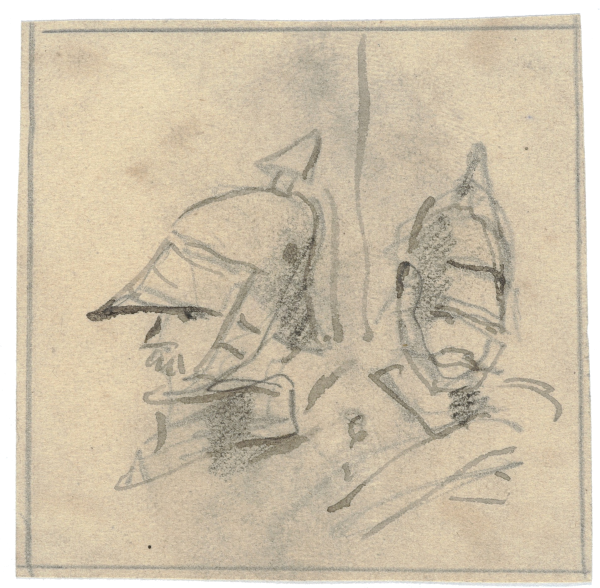 Szkic dwóch głów żołnierzy w hełmach.