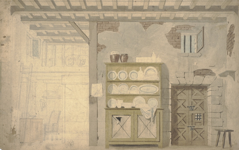 Kolorowy wysunek przedstawiający izbę z belkowanym sufitem. W centralnym miejscu znajduje się kredens z zastawą stołową, a po prawej stronie dwuskrzydłowe drzwi, a nad nim małe, kawdratowe, otwarte okienko.