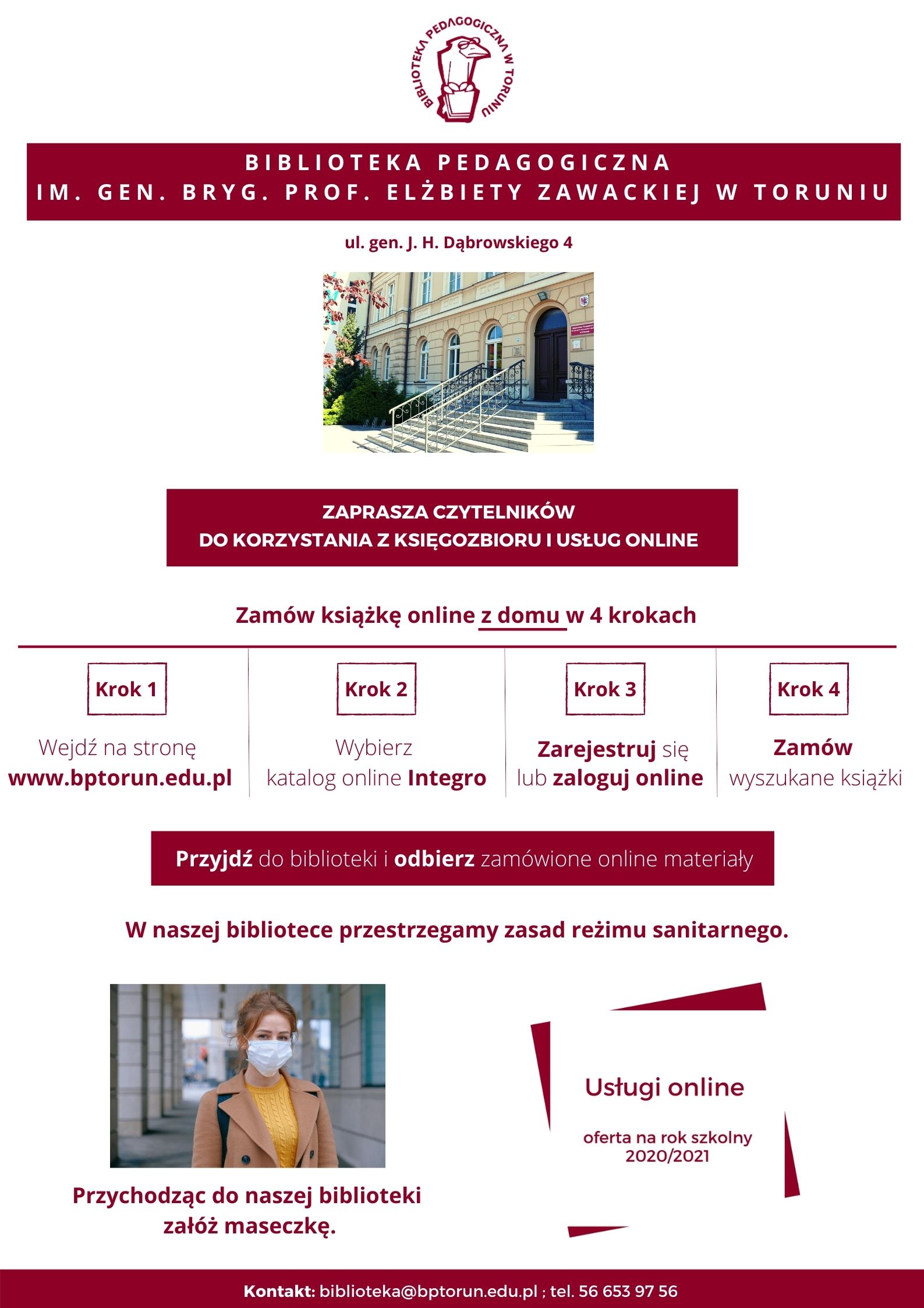 Ulotka pod tytułem Zamów książkę online z domu w 4 krokach. Na ulotce zdjęcie schodów prowadzących do biblioteki. Zdjęcie kobiety w maseczce.
