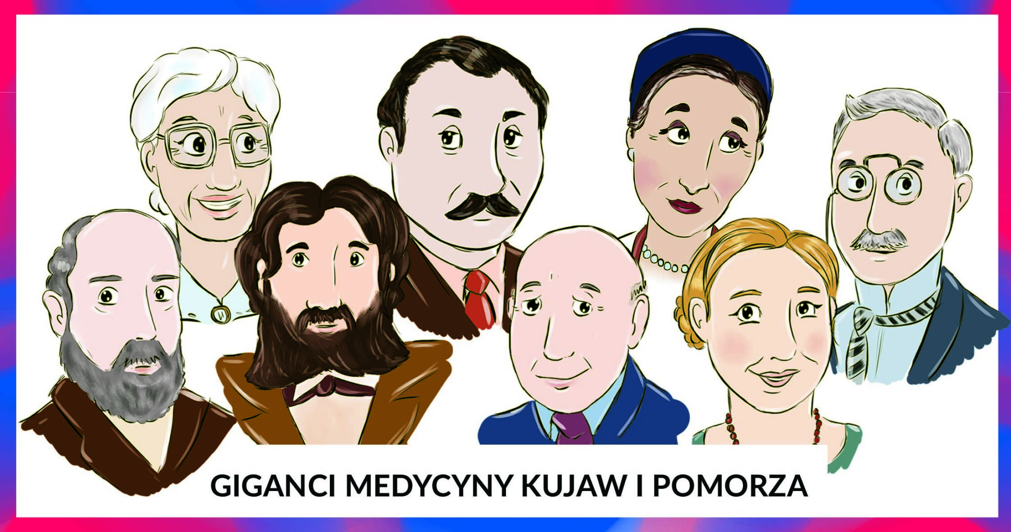 Popiersia ośmiu starszych osób - trzech kobiet i pięciu mężczyzn, elegancko ubranych.