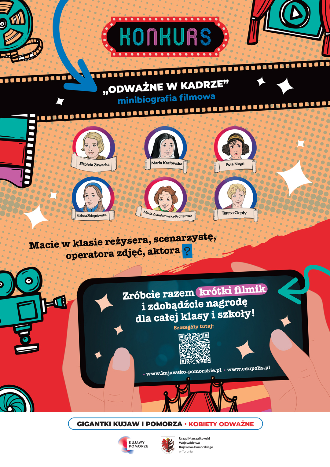 Plakat promujący konkurs na minigiografię filmową. Sześć rysunków głów kobiet,, rysunki taśmy filmowej i kamery.
