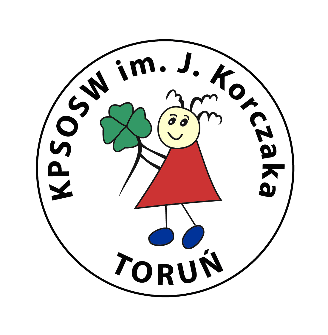 Logo Kujawsko-Pomorskiego Specjalnego Ośrodka Szkolno-Wychowawczego im. Janusza Korczaka. Rysunek dziewczynka z czterolistną koniczyną.