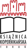 Logo Książnicy Kopernikańskiej w Toruniu. Rysunek trzy weże i otwrata książka.