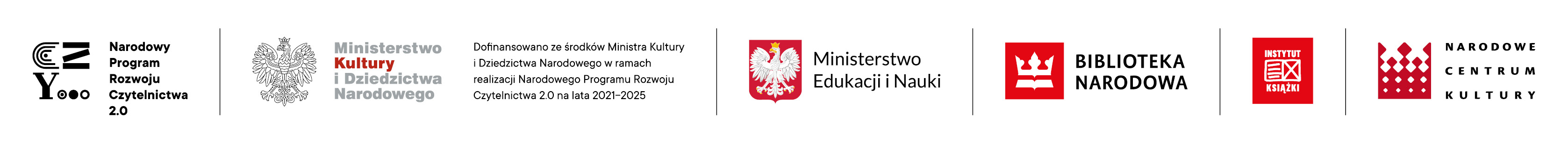 Na białym tle oddzielone czarnymi, pionowymi liniami, logotypy: Narodowy Program Rozwoju Czytelnictwa 2.0, Ministerstwo Kultury i Dziedzictwa Narodowego, Ministerstwo Edukacji i Nauki, Biblioteka Narodowa, Instytut Ksiązki i Narodowe Centrum Kultury.