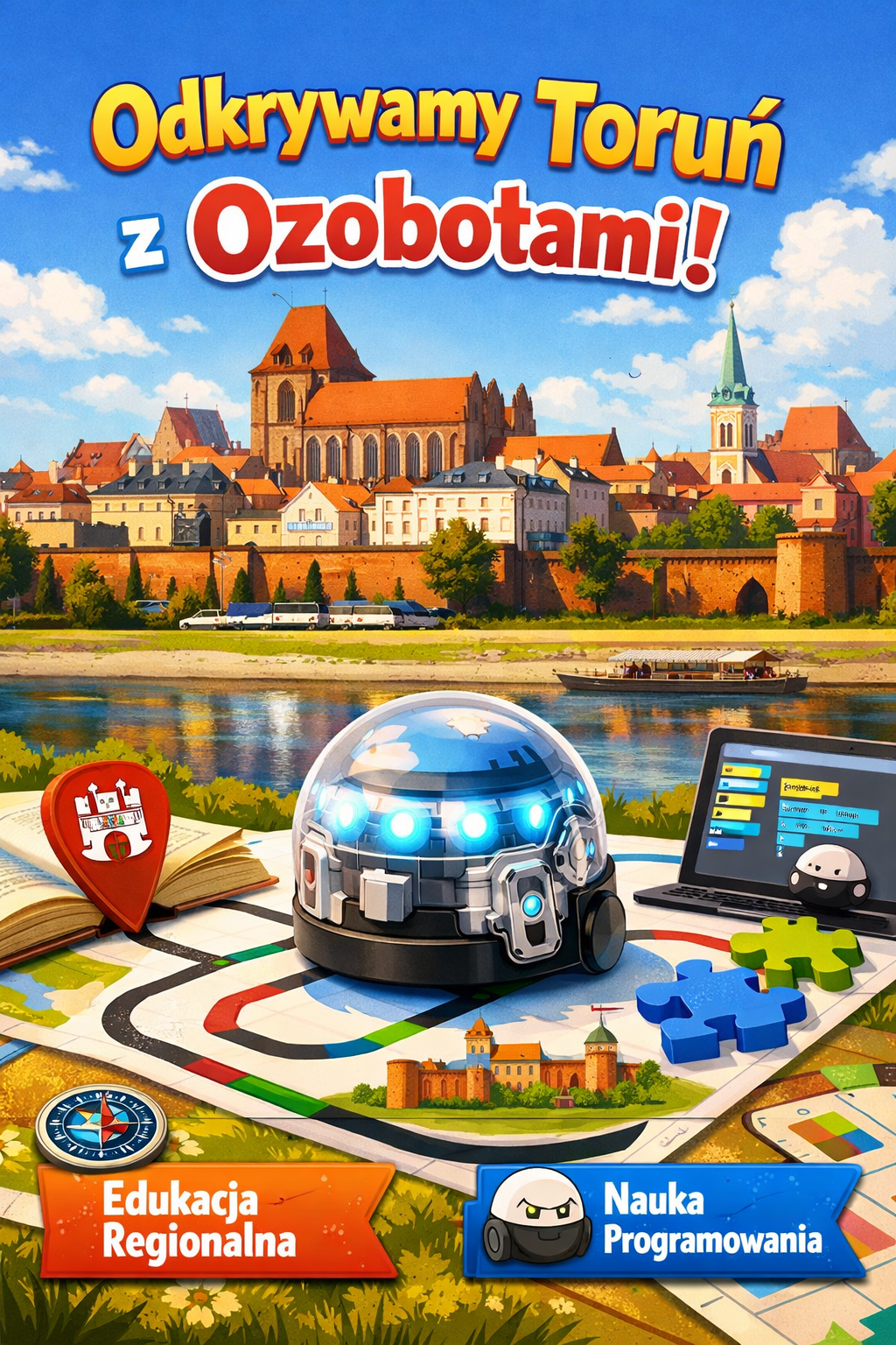 Grafika promująca zajęcia. Odkrywamy Toruń z&nbsp;ozobotami. Edukacja regionalna. Nauka programowania