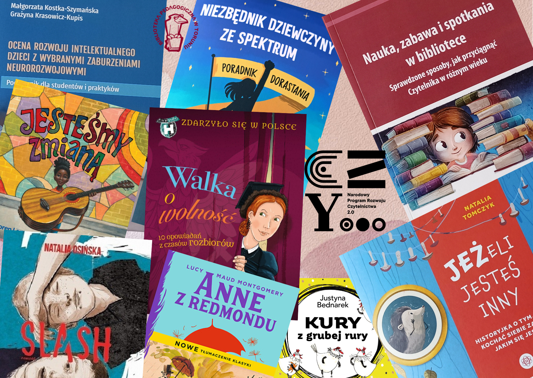 Wiele kolorowych okładek książek dla nauczycieli oraz dzieci i młodzieży, na środku logotyp Narodowy Program Rozwoju Czytelnictwa 2.0. U góry na lewo logotyp Biblioteki Pedagogicznej w Toruniu.