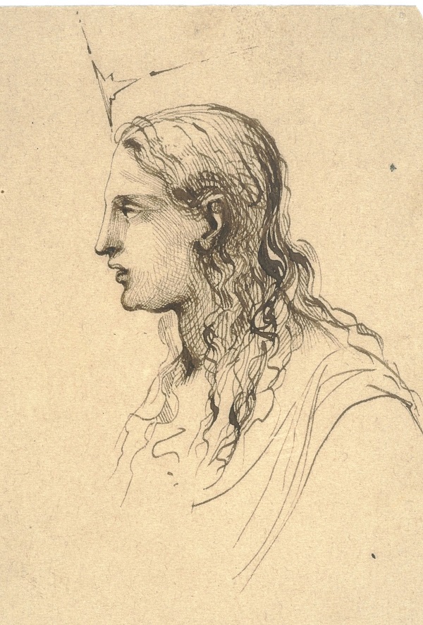Czarno-biały rysunek przedstawiający lewy profil głowy długowłosej kobiety, nad którą znajduje się gwaizda.