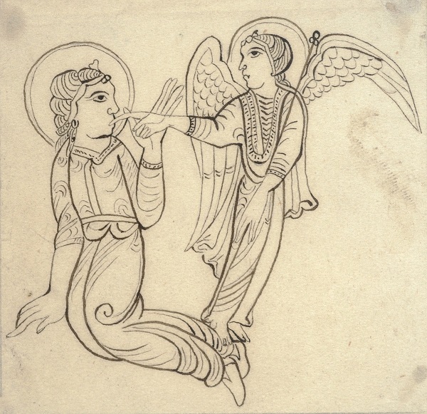 Rysunek przedstawiający Św. Mateusza Ewangelistę ze swoim atrybutem – podobną do anioła uskrzydloną postacią ludzką.