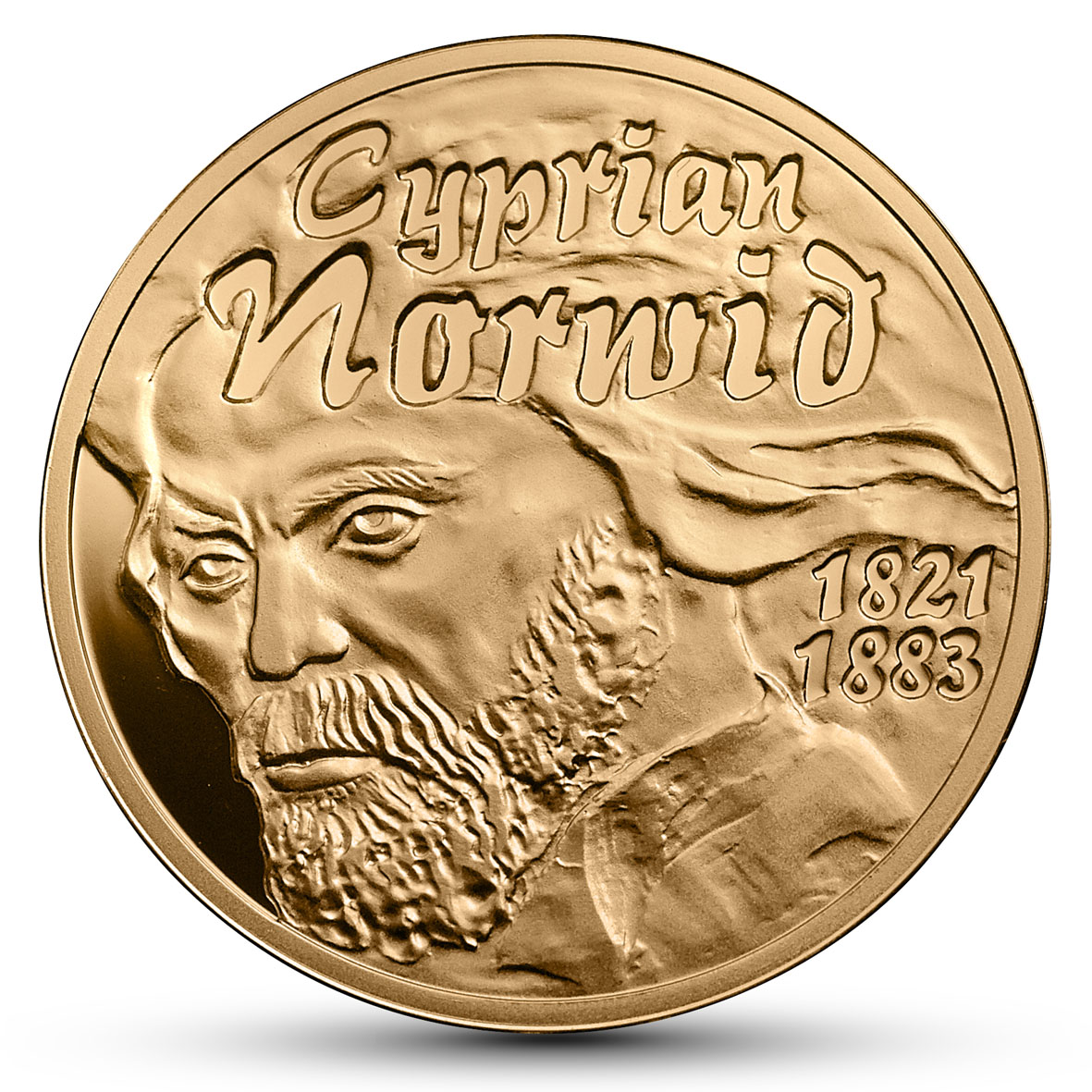 Rewers monety, koloru złotego - widoczna głowa starszego mężczyzny z bujną fryzurą i zarostem i napisy: Cyprian Norwid 1821-1883