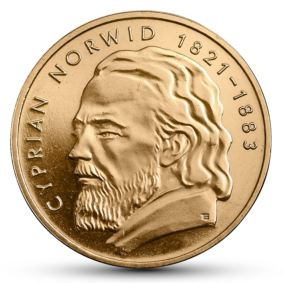 Rewers monety, koloru złotego - widoczna głowa starszego mężczyzny z bujną fryzurą i zarostem i napisy: Cyprian Norwid 1821-1883