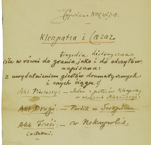 Rękopis tragedii „Kleopatra i Cezar”, powstały między 1870 a 1878 rokiem.