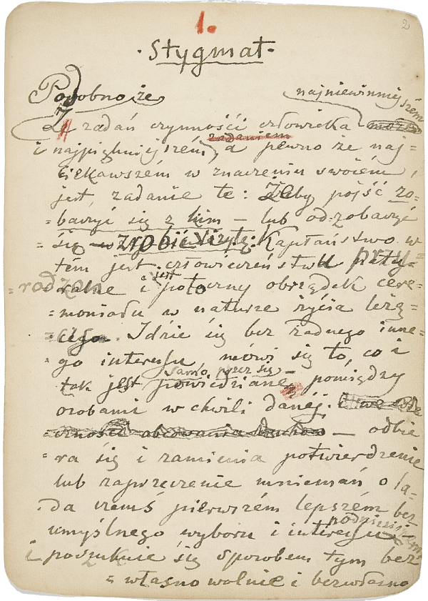 Pierwsza strona rękopisu noweli „Stygmat”, napisanej przez Norwida w 1883 roku.