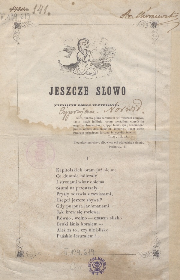 Pierwsza strona wiersza Cypriana Kamila Norwida: „Jeszcze słowo : (czyniącym pokój przypisane)”, wydanego w Paryżu przez nieznanego wydawcę w 1848 roku [drukarnia: L. Martinet]