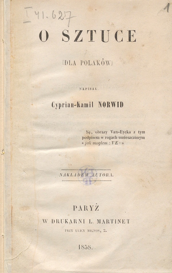 ona tytułowa dzieła Cypriana Kamila Norwida pt.:  „O sztuce : (dla Polaków)”, wydanego nakładem autora w Paryżu w 1858 roku.