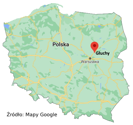 Mapa Polski z zaznaczoną wsią Głuchy - rodzinną miejscowością C. K. Norwida.