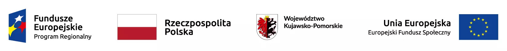 Logotyp Fundusze Europejskie Program Regionalny, biało-czerwona flaga i napis Rzeczpospolita Polska, herb województwa kujawsko-pomorskiego i napis: Województwo Kujawsko-Pomorskie, napis: Unia Europejska, Europejski Fundusz Społeczny i flaga Unii Europejskiej.