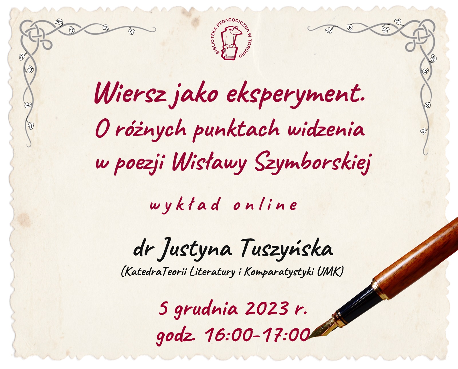Grafika zapraszająca do udziału w wykładzie online. W prawym dolnym rogu pióro do pisania.