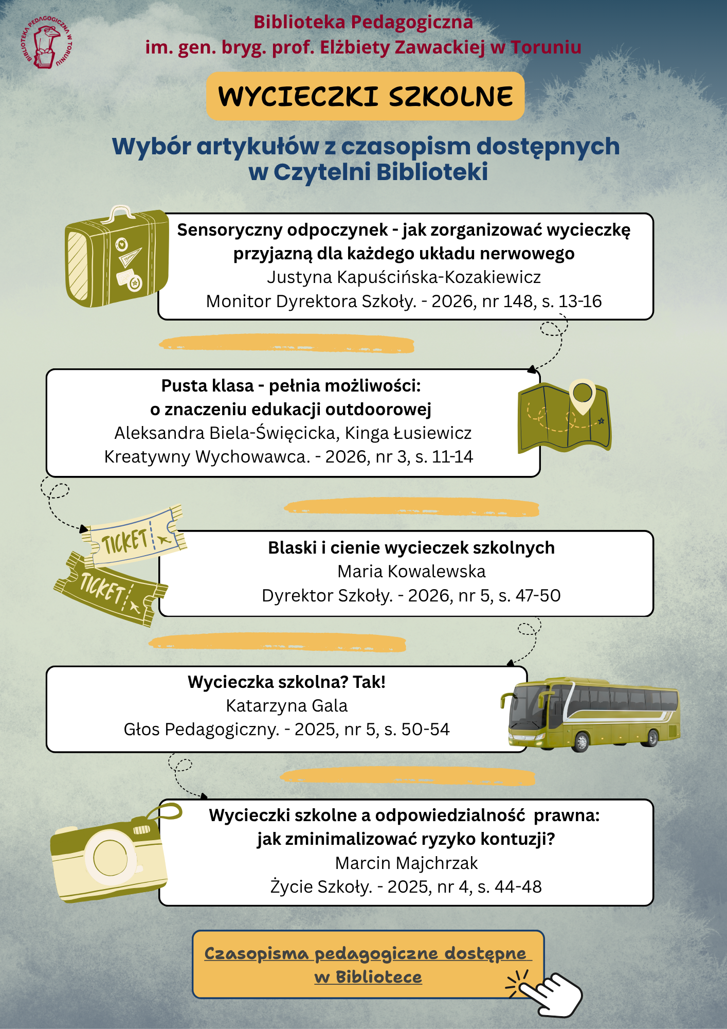 Plakat z&nbsp;wyborem artykułów z&nbsp;czasopism dostępnych w&nbsp;Bibliotece Pedagogicznej w&nbsp;Toruniu.