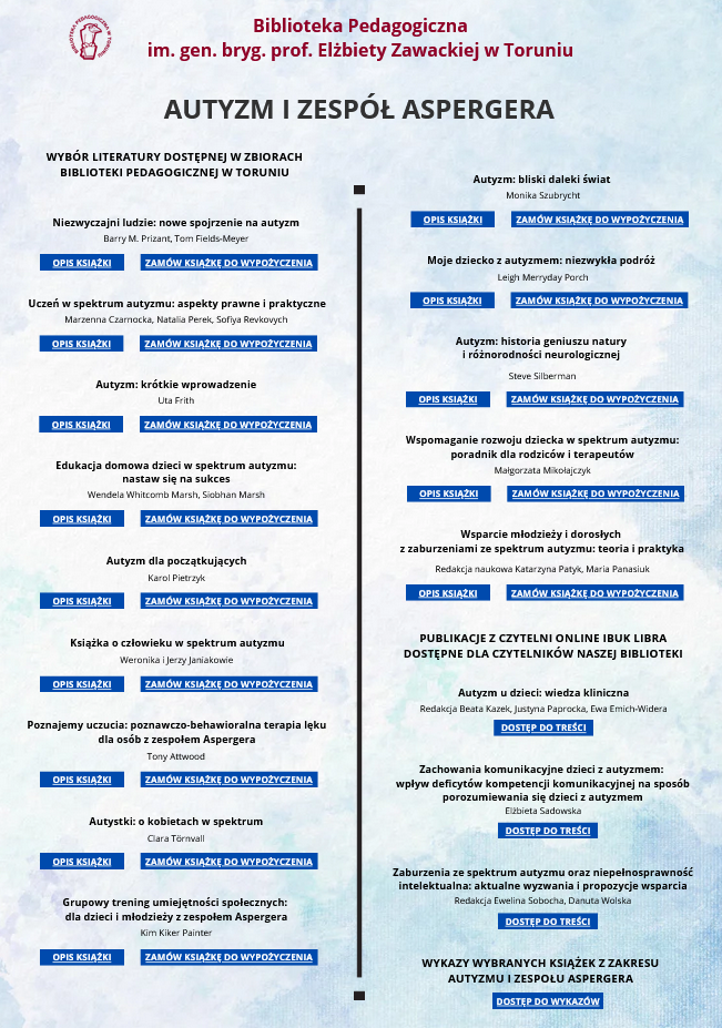 Plakat interaktywny zatytułowany: Autyzm i zespół Aspergera, prezentujący literaturę ze zbiorów Biblioteki Pedagogicznej w Toruniu i materiały dostępne w czytelni online IBUK Libra.