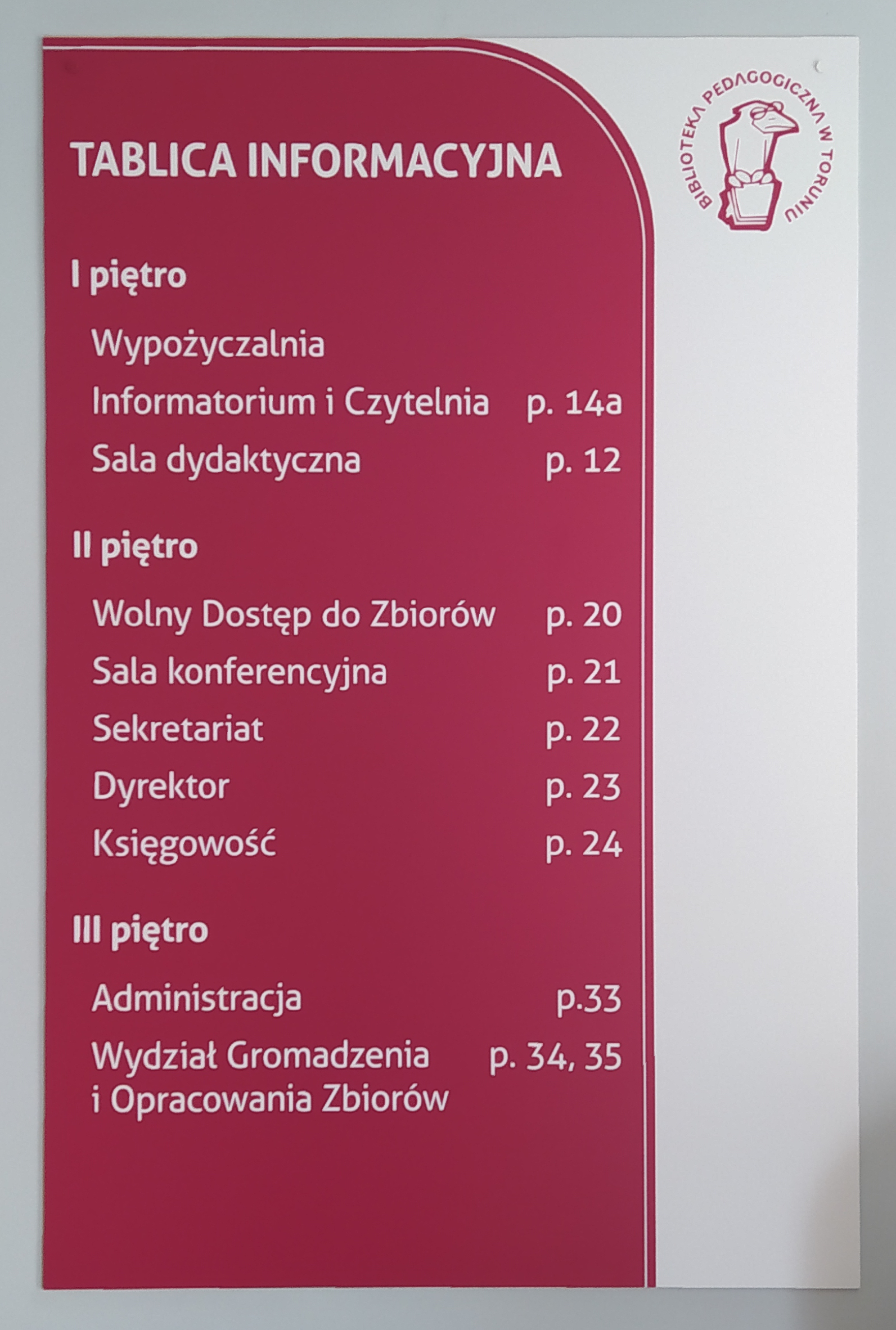 Tablica informacyjna. 1 piętro: wypożyczalnia, informatorium i czytelnmia, sala dydaktyczna, 2 piętro: wolny dostęp do zbiorów, sala konferencyjna, sekretariat, dyrektor, księgowość. 3 piętro: Administracja, Wydział Gromadzenia i Opracowania Zbiorów.