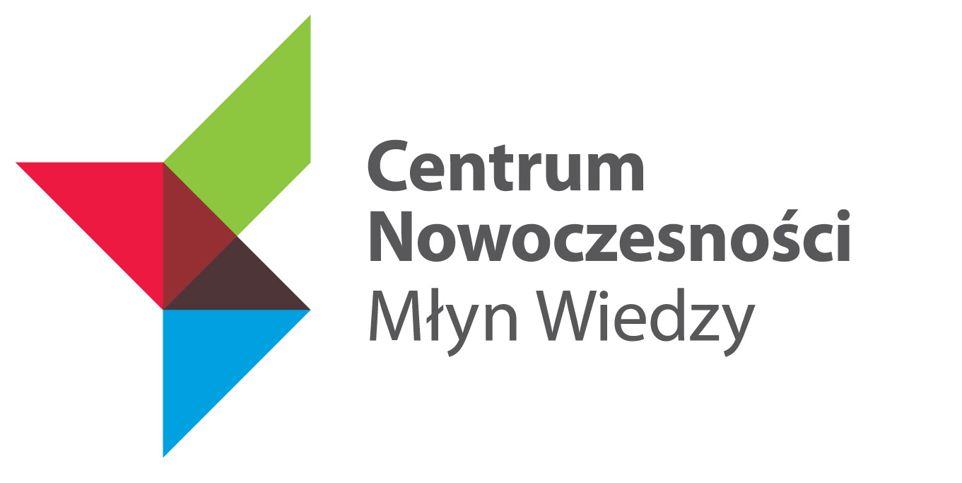 Logo instytucji: Centrum Nowoczesności Młyn Wiedzy. składa się z trzech, nachodzących na siebie, kolorowych figur geometrycznych.