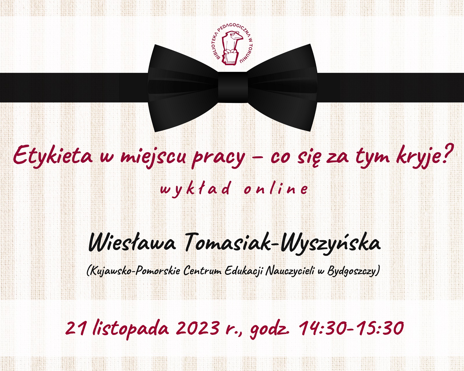 Grafika zapraszająca do udziału w wykładzie online - na tle białych i żółtych pionowych pasów czarna, elegancka mucha.
