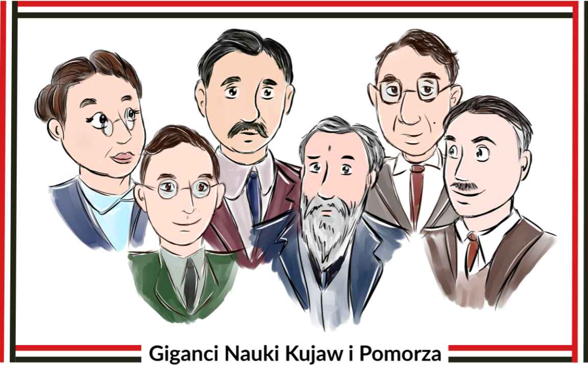 W czerwono-biało-czarnej ramce rysunkowe przedstawienia popiersi sześciu osób - jednej kobiety i pięciu mężczyzn. Na dole czarny napis: Giganci Nauki Kujaw i Pomorza.