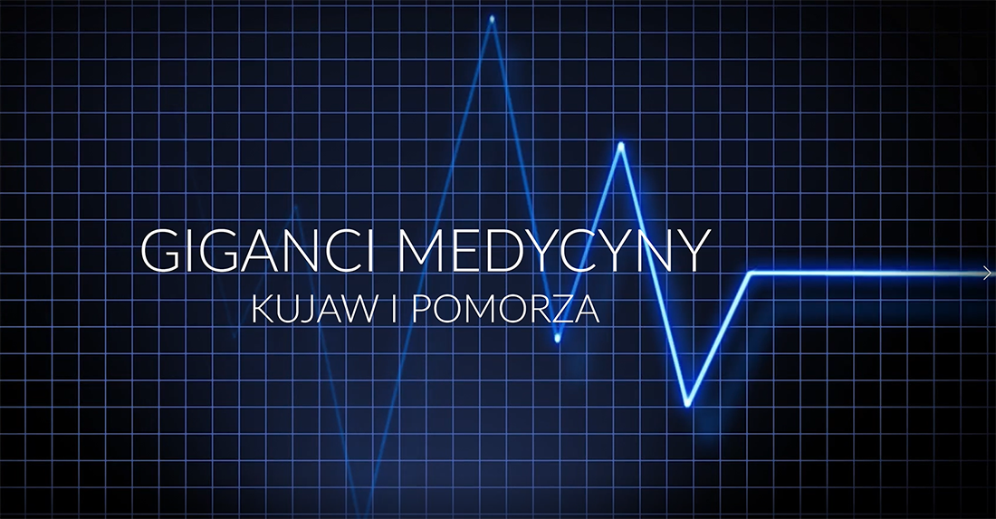 Na niebieskim tle jasnoniebieska linia, tworząca wykres. Biały napis: Giganci Medycyny Kujaw i Pomorza.