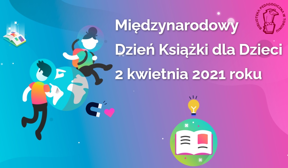 Obraz w tonacji różowo-niebieskiej, przedstawia kosmos. Wokół kuli ziemskiej znajdują się ruchome postaci dzieci: chłopca i dziewczynki, ruchome książki oraz podlinkowany logotyp Biblioteki Pedagogicznej w Toruniu.