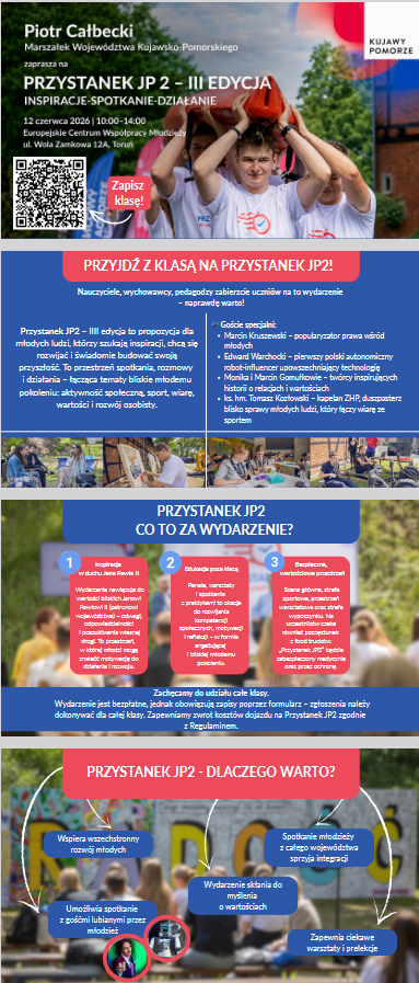 Plakat informacyjny o&nbsp;wydarzeniu JP2 3 edycja organizowany przez Marszałka Województwa Kujawsko-Pomorskiego.