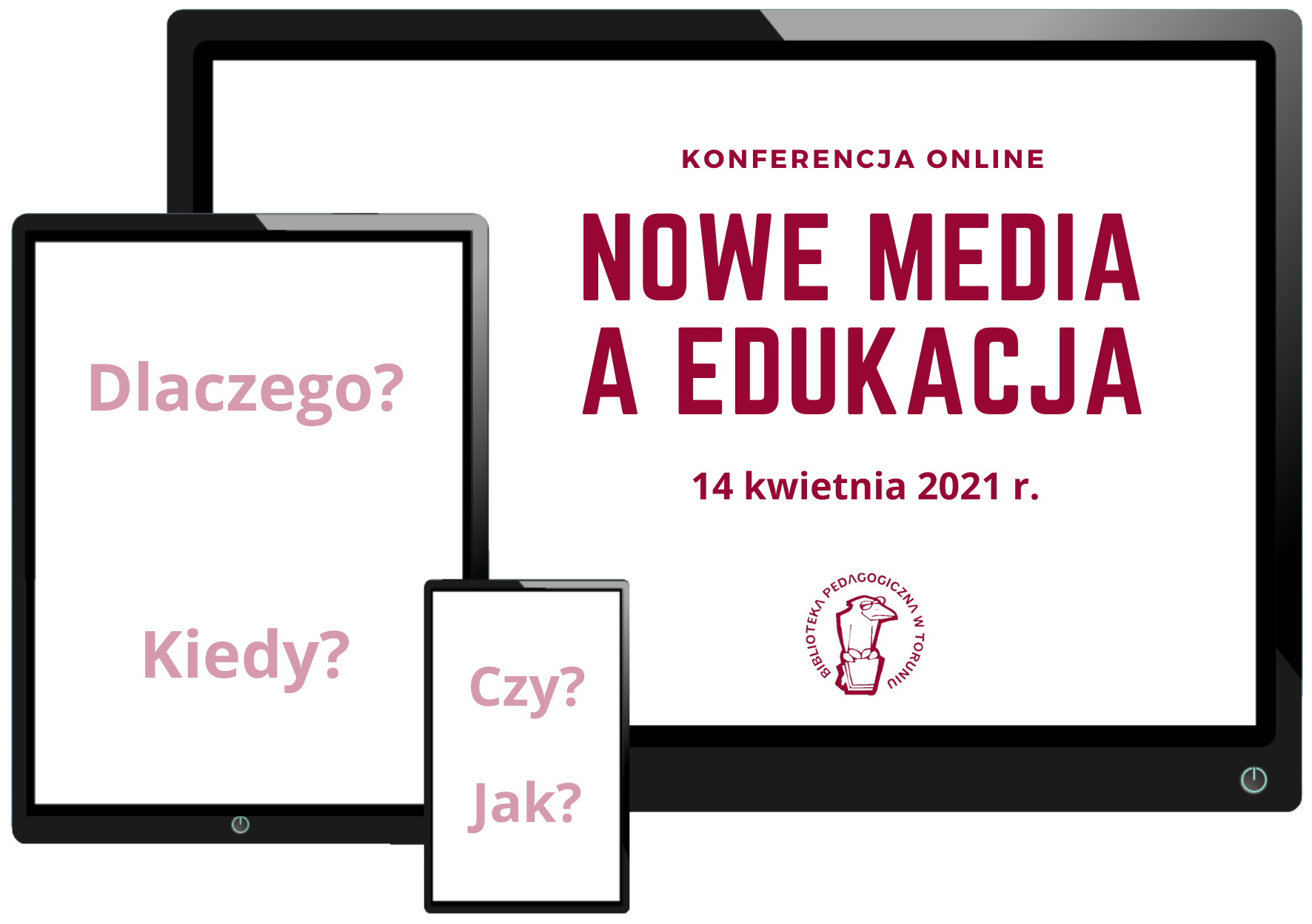Logo konferecncji online: Nowe media a edukacja. Widoczne ekrany trzech urządzeń elektronicznych: monitora komputerowego, tabletu i smartfona.
