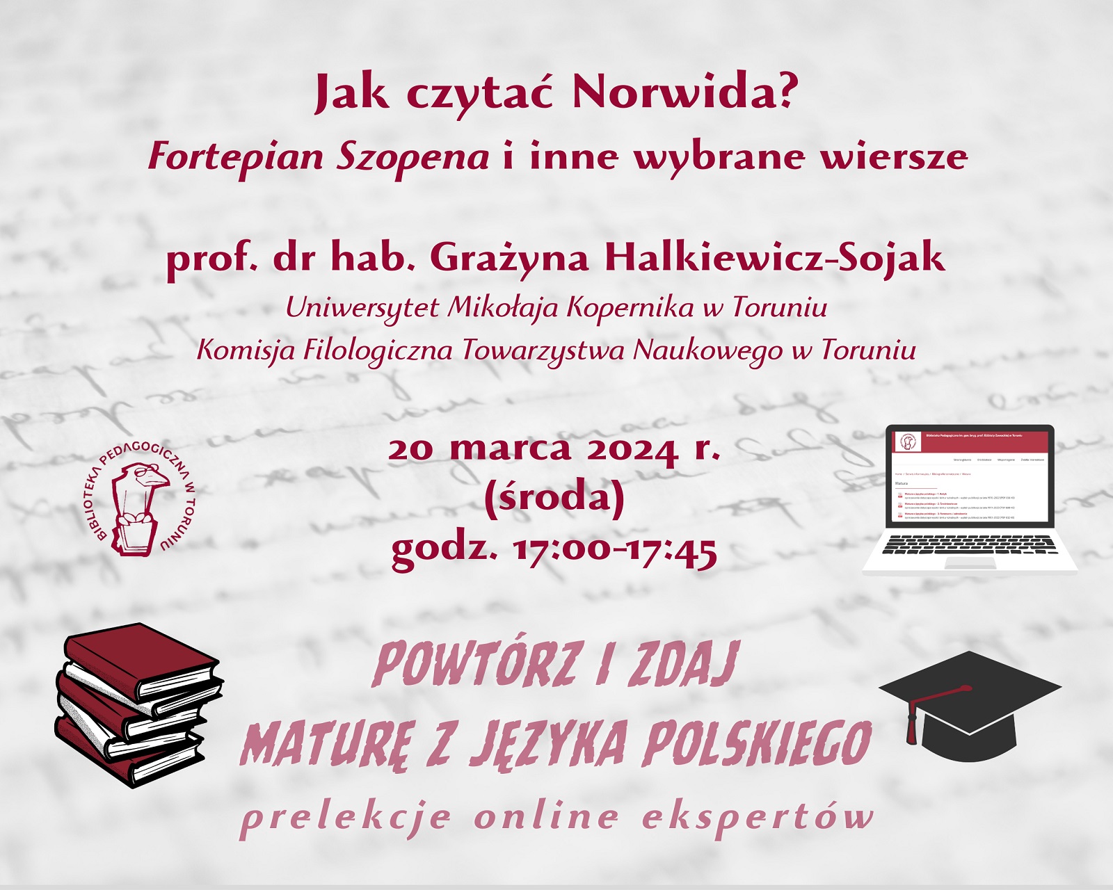 Grafika zapraszająca do udziału w wykładzie online. W lewym górnym rogu logo Biblioteki Pedagogicznej w Toruniu: ptak w okularach, siedzący na książce, w prawym górnym rogu laptop, w lewym dolnym stos książek a w prawym dolnym czarna czapka absolwencka.
