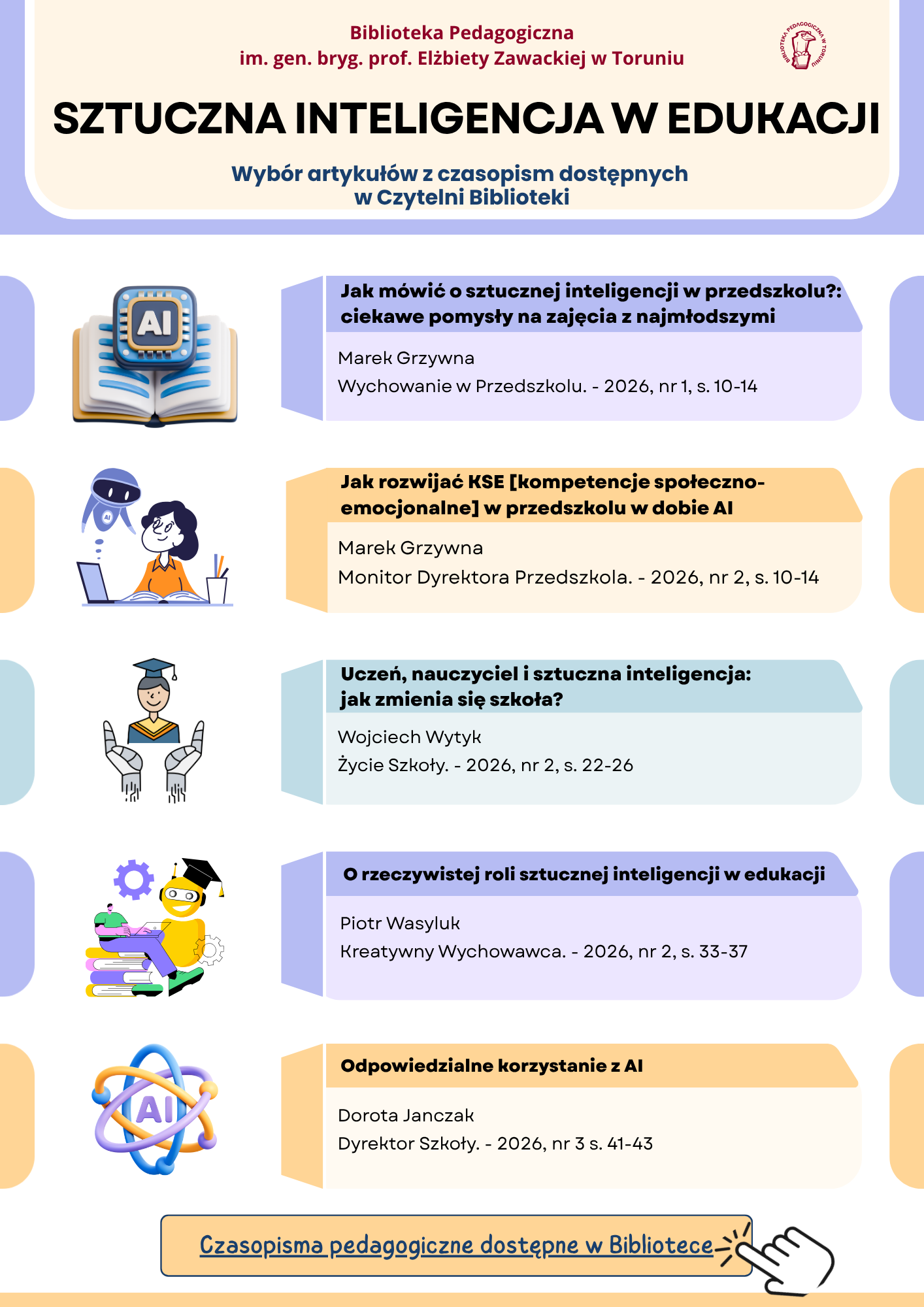 Plakat interaktywny z&nbsp;wyborem artykułów z&nbsp;czasopism pedagogicznych dostępnych w&nbsp;Bibliotece Pedagogicznej w&nbsp;Toruniu