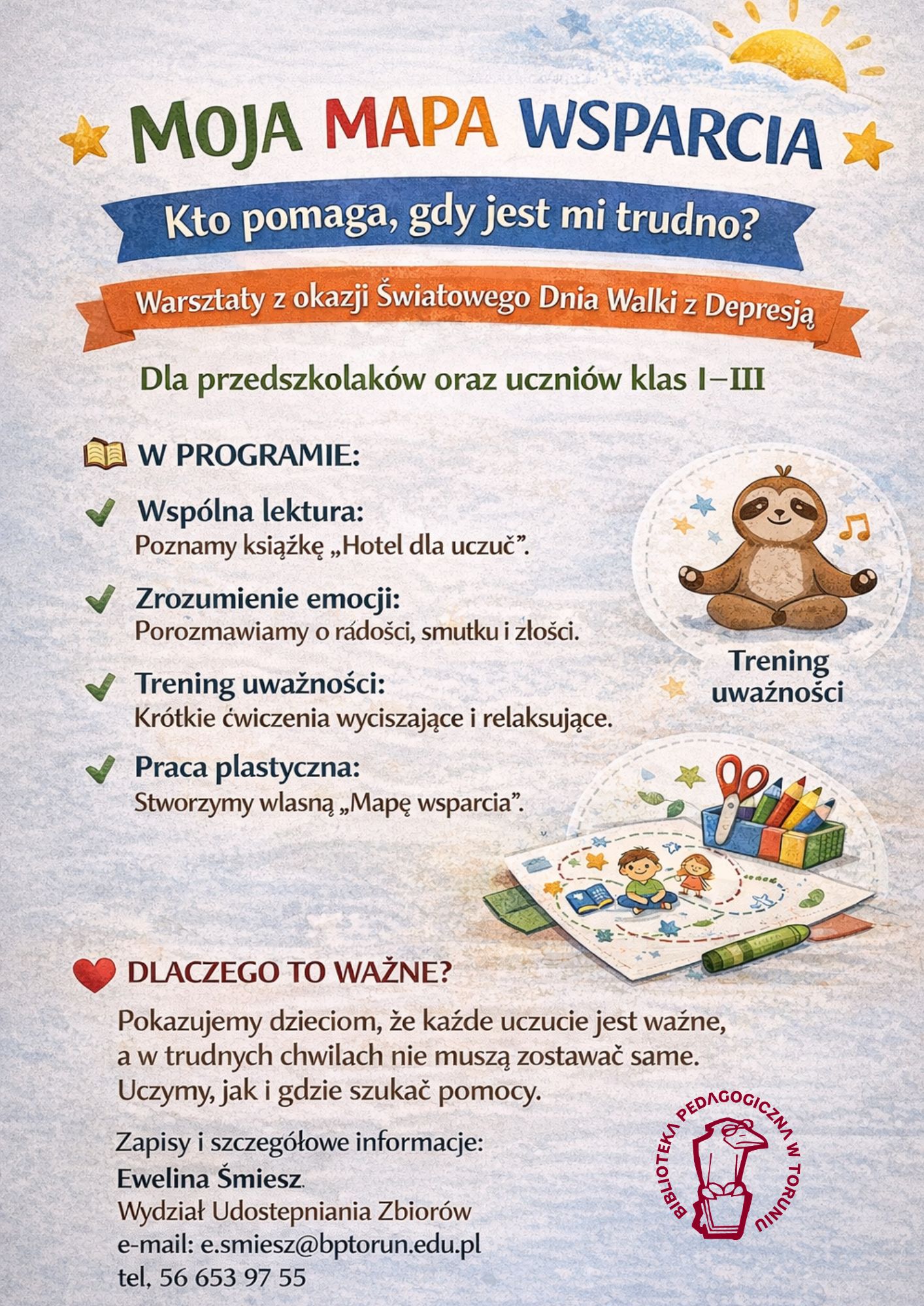 Plakat promujący zajęcia dla dzieci z&nbsp;okazji Światowego Dnia Walki z&nbsp;Depresją