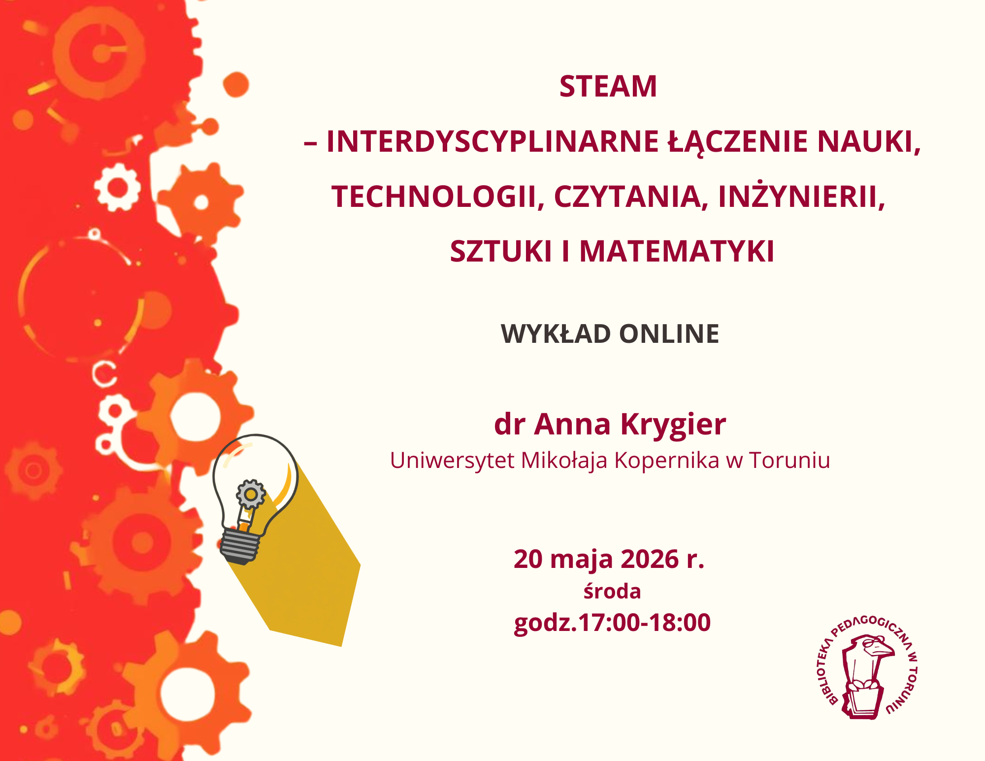 Plakat promujący wykład online organizowany przez Bibliotekę Pedagogiczną w&nbsp;Toruniu
