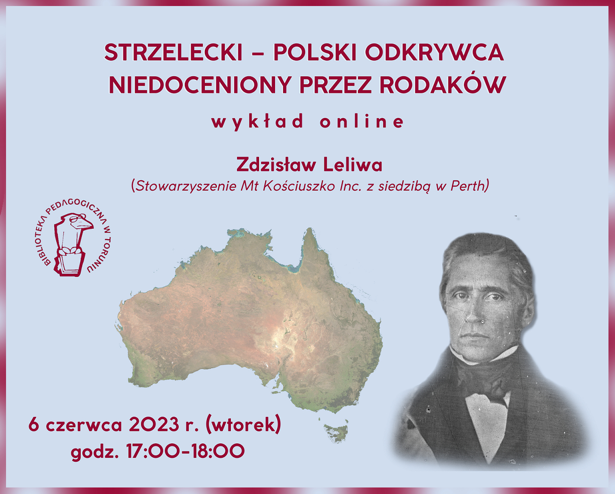 Grafika zapraszająca do udziału w wykładzie online. Na niebieskim tle bordowe napisy, na których powtórzone są informacje z sąsiadującego z grafiką tekstu. Ilusttracje przedstawiające: kontur Australii i pipiersie starszego mężczyzny.