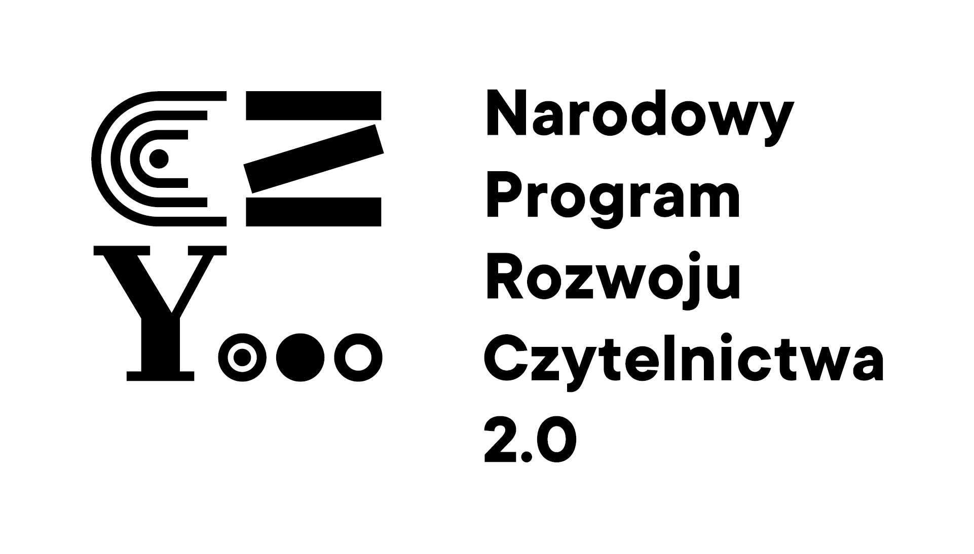 Logo Naropdowego Programu Rozwoju Czytelnictwa 2.0. Po lewej stronie logo programu: czarne litety CZY i trzy kropki.
