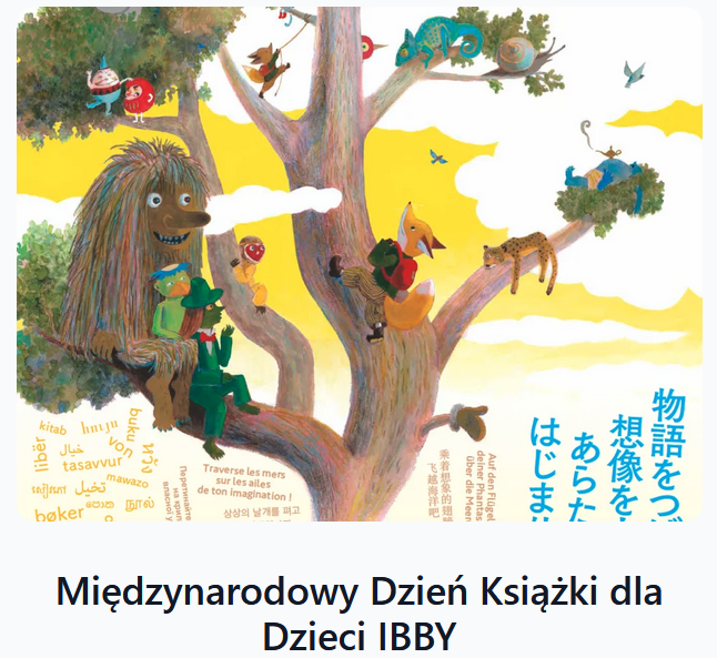 z otwartej książki czytanej przez rodzinę lisów wyrasta drzewo, na jego gałęziach siedzą bohaterowie książek dla dzieci, wokół hasło przewodnie w różnych językach świata