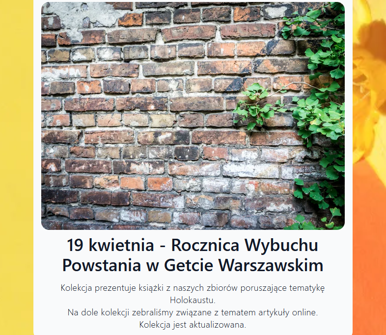 Zdjęcie główne kolekcji: mur, po prawej stronie fragment  krzewu z zielonymi liśćmi, tło żółto-pomarańczowe, widoczny fragment żonkila z prawej strony